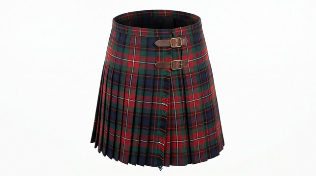 Scottish tartan kilt with classic plaid pattern and buckles. This traditional clothing item features a pleated design and rich colors, showcasing vibrant reds and greens in a distinctive clan style.