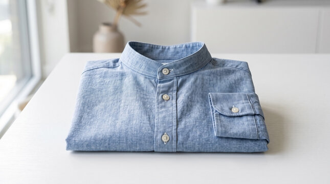 Stylish shirt with mandarin collar neatly folded on table. This shirt features a classic mandarin collar design, comfortable fabric, and button details.
