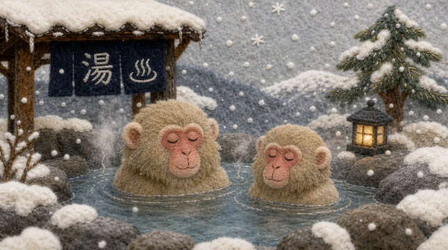 季節の風景。フェルトと刺繍で表現した冬の風景。雪が降る温泉でくつろぐ猿たち。