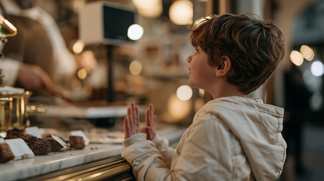 A child watches through candlelit workshop glass as a chocolate maker tempers cacao to classical string music playing softly from a speaker mounted above the marble slab, the low