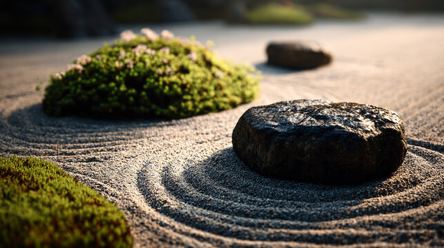 Close up of a peaceful Japanese Zen garden with raked sand, stones, and green moss.
