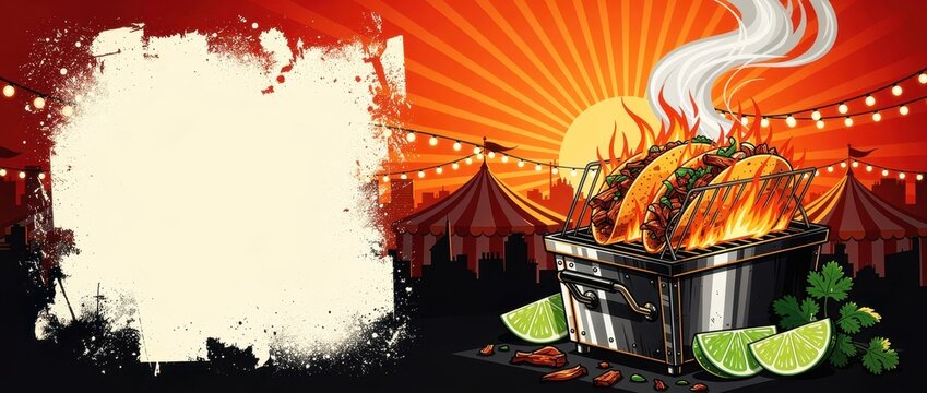 Grilled tacos cooking over fire on a metal grill. Comic-style illustration with lime and carnival backdrop with copy space. Mexican street food theme for restaurant and food truck marketing.