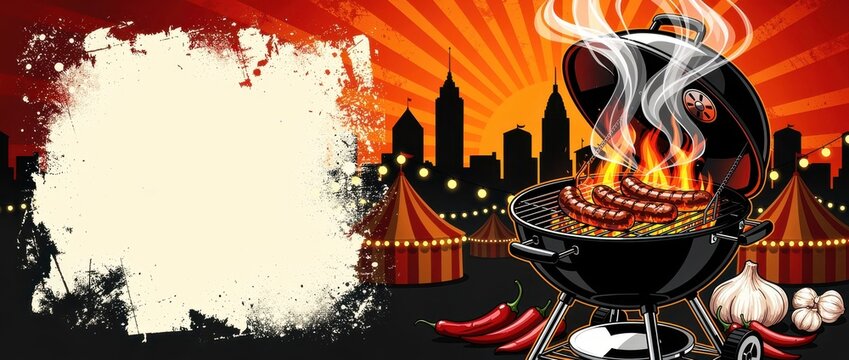 Grilled sausages cooking on a barbecue grill with flames. Retro comic style illustration featuring city skyline and carnival tents. BBQ party invitation background with copy space for marketing.