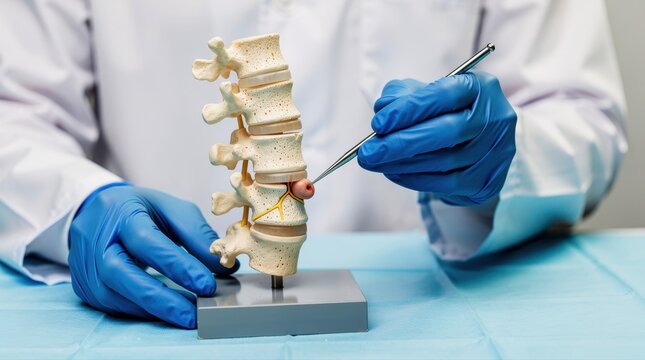 Doctor in blue gloves pointing at a herniated disc on a spinal column model. Medical professional explaining lumbar spine pathology. Orthopedic education concept for chiropractic marketing.