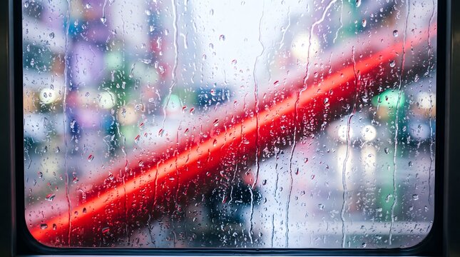 Raindrops on window glass with blurred city lights and red neon glow in the evening time