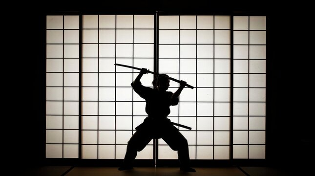 Silhouette of a samurai holding a katana in a ready stance. Traditional Japanese dojo setting featuring backlit shoji screen doors. Martial arts concept for cultural and combat sports marketing.