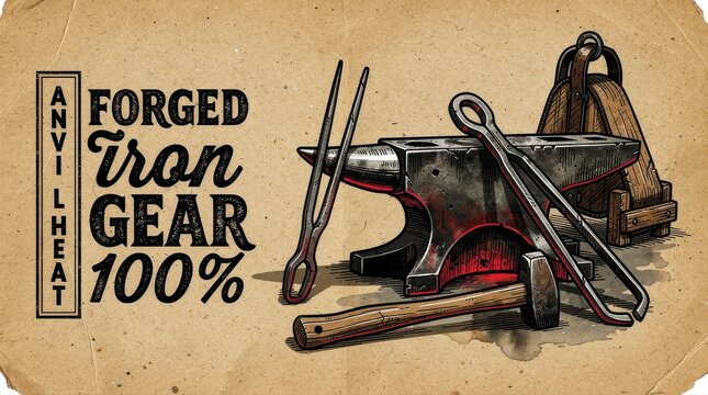 Vintage blacksmith tools illustration with anvil and hammer. Retro metalworking graphic with tongs and industrial equipment. Craftsmanship theme ideal for artisan branding and workshop decor.