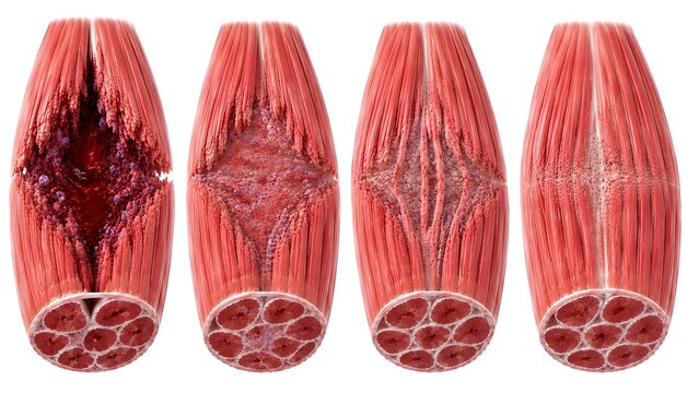 Skeletal Muscle Healing and Regeneration Process, Muscle Injury Repair and Remodeling, 3D Medical Illustration