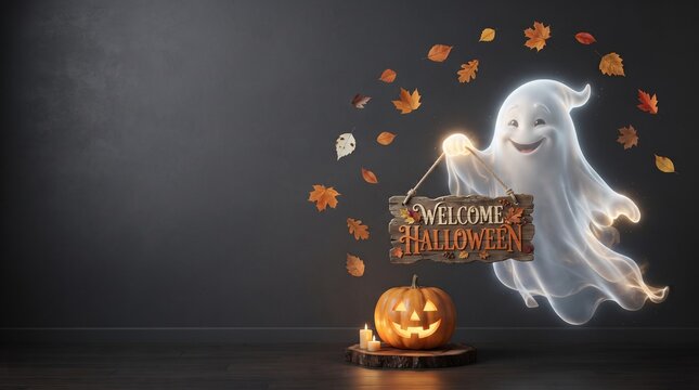Spooky halloween scene with ghost pumpkins and festive decorations in dark setting