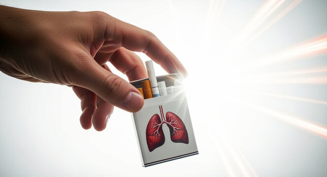 Hand reaching for a cigarette pack featuring a human lungs illustration. Close-up of tobacco products with glowing light effects. Health awareness and smoking cessation concept for medical campaigns.