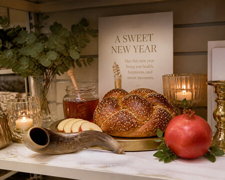 Rosh Hashanah shelf with round challah, honey jar with apple, shofar, and pomegranate on white linen, sweet new year celebration and tradition concept