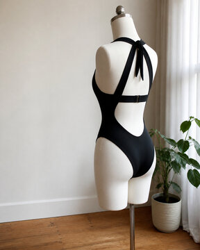White dress form mannequin wearing black cutout-back monokini beside sheer curtain and potted plant, fashion retail interior concept