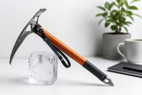 Ice axe on clear artificial ice block on white desk, alpine preparation concept