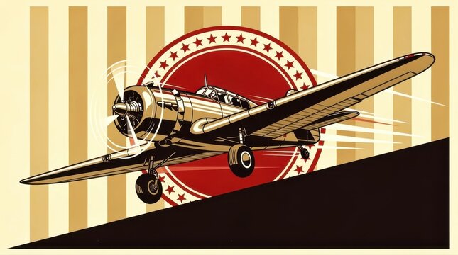 Vintage propeller airplane flying against a retro star emblem background. Classic monoplane illustration with spinning propeller and stripes. Mid-century aviation concept for nostalgic branding.