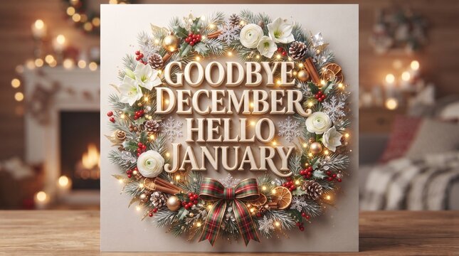 Goodbye december hello january festive typography with cozy home background