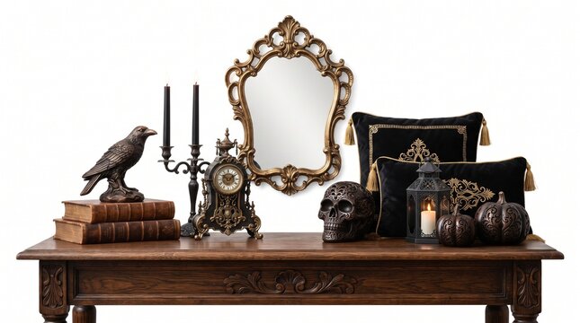 Vintage halloween still life with raven skull mirror and antique books