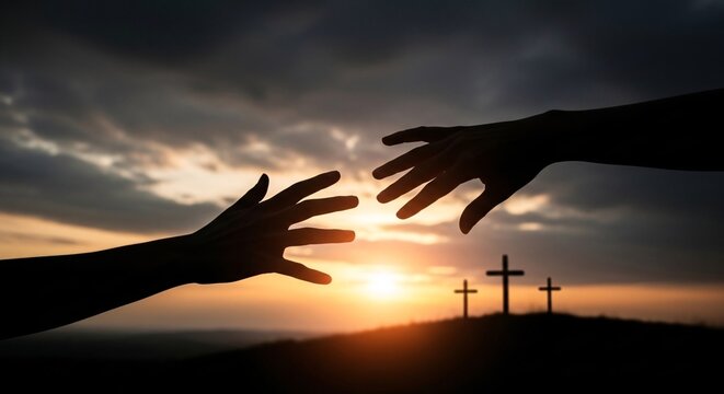Silhouette of two hands reaching towards each other with a dramatic sunset and crosses in the background symbolizing faith hope and spiritual connection in a serene landscape scene