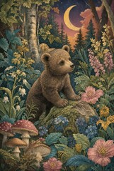 Obraz premium Illustration of a bear cub in a vibrant forest with flowers and a crescent moon overhead.