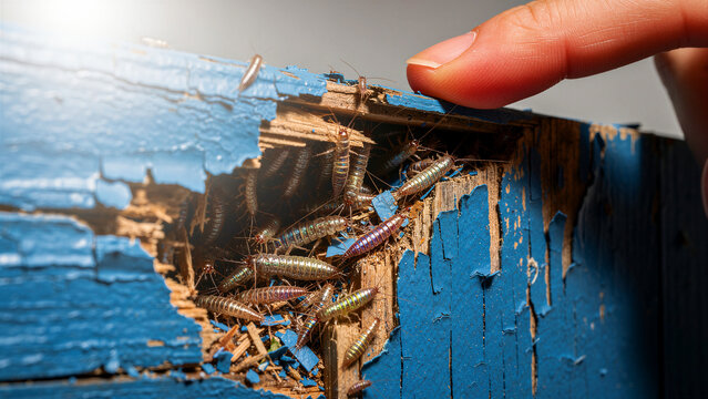 Silverfish colony infesting damaged blue wood as a person points to the nest. Household pests destroying structural timber and paint. Pest control concept, ideal for extermination service marketing.