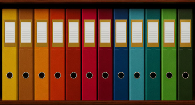 Row of colorful ring binders standing on a wooden office shelf. Vibrant document folders arranged in a spectrum for archival storage. Business organization and data management concept.