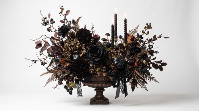 Dramatic dark floral arrangement in antique gold vase on white background