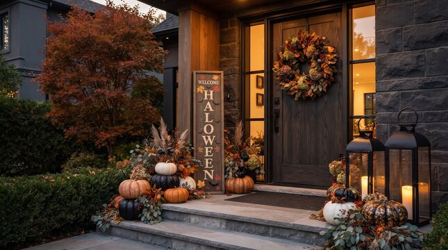 Warm autumnal front porch display with pumpkins and fall foliage decorations