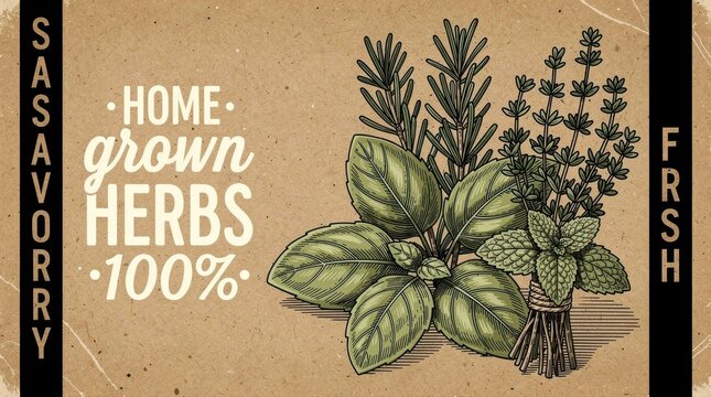 Hand-drawn herb illustration with basil, rosemary, and thyme on kraft paper. Vintage style graphic featuring organic garden herbs and rustic typography. Culinary concept for food packaging.