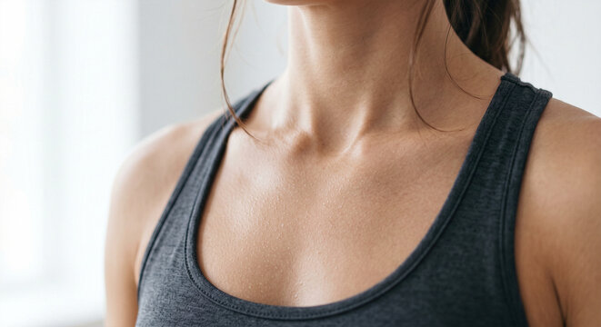 Extreme macro detail of sweaty female chest and collarbone after intensive fitness workout