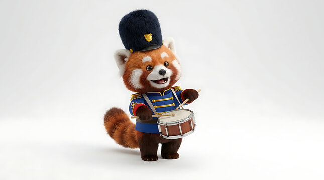 A red panda dressed as a drummer plays a small snare drum against a plain white background