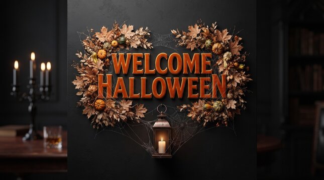 Welcome halloween decorative light in a dark moody vintage interior setting