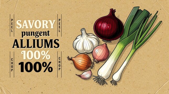 Vintage illustration of onions, garlic, and leeks on kraft paper. Hand-drawn retro graphics featuring red onion and scallions. Culinary theme ideal for food packaging and organic marketing.