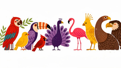 Obraz premium Diverse collection of colorful stylized birds in a horizontal row. Illustration featuring parrot, toucan, peacock, flamingo, and eagle. Nature diversity concept for educational and eco branding.