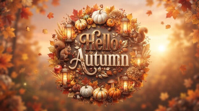 Hello autumn text made of fall leaves pumpkins and seasonal decorations