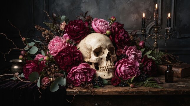 Still life with skull and roses dramatic lighting baroque style dark academia