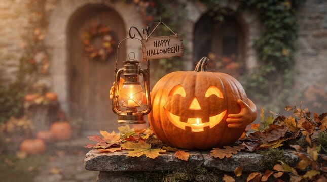 Glowing jack o lantern with autumn leaves and vintage lantern halloween scene