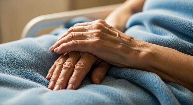 Senior hands resting on hospital blanket, bathed in soft indoor light. Aged senior hands show signs of experience, conveying quiet moment of care. Image of senior hands for health publications.