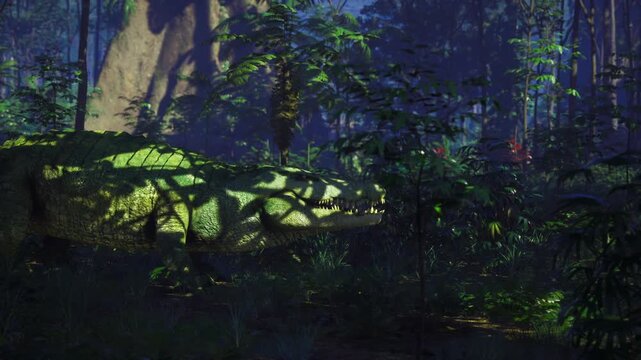 Sunlit moss plateau atop sleeping crocodile back, bright green carpet contrasting dark forest floor, peaceful tension between plant life and reptile form.