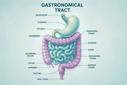 Gastronomical tract and digestive system isolated structure outline diagram, transparent background.Labeled educational human stomach with medical titles illustration.
