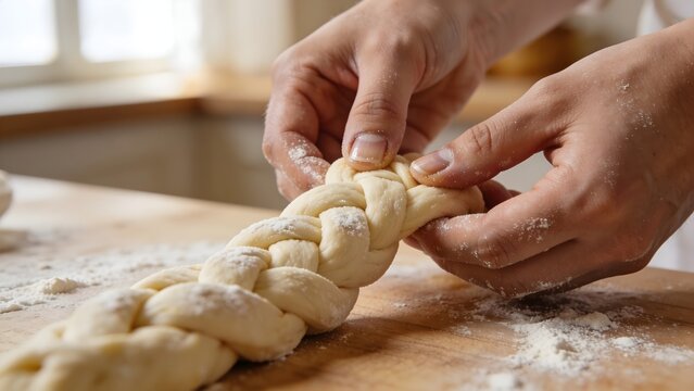 Hands braiding dough for traditional Estonian kringel wedding bread