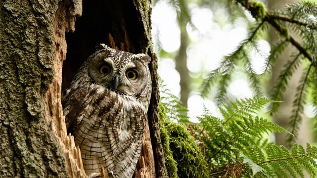 Watch a sleepy owl relax in its tree hollow nest as it looks around and observes the forest surroundings