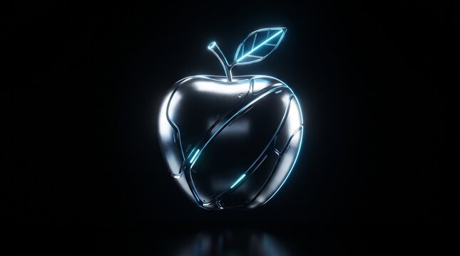 A futuristic metallic apple with glowing neon blue lines on a black background