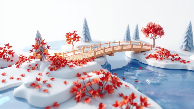 Winter scene depicts small bridge over icy water. Red trees surround snowy landscape. Stylized, minimalist design. Peaceful, serene view.