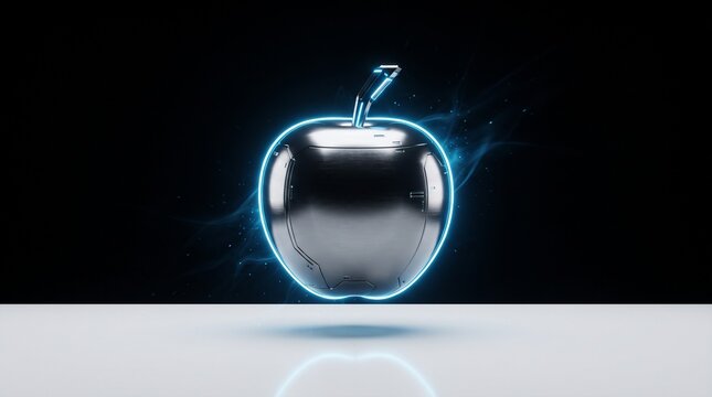Glowing silver apple with neon blue aura