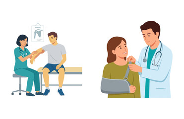 Fototapeta premium Professional Medical Staff Assisting Injured Patients with Arm Bandages and Slings in Clinic