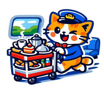 A cheerful cartoon orange-and-white cat conductor in a blue uniform and red bow tie winks while pushing a food cart loaded with tea, cake, and pastries inside a moving train, viewed through a scenic w