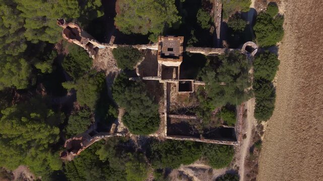 Overhead view of roofless Castell de la Muga ruins in Catalonia, Spain, revealing stone wall layout, round tower remnants, surrounded by pine forest and golden farmland