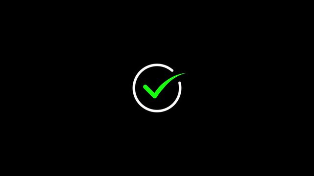 Green check mark animation. Yes tick. Correct check mark symbol. Yes sign. Correct vote icon on black background.