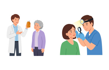 Fototapeta premium Dermatologist examining skin condition of a patient and doctor prescribing medicine to elderly woman