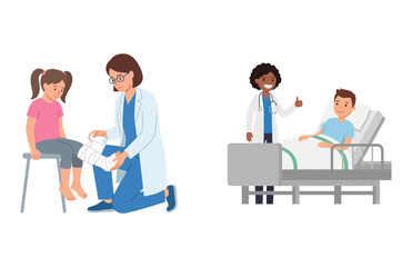 Fototapeta premium Doctor examining and treating patients in hospital vector illustration set