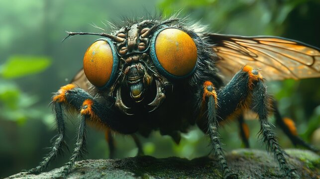 Close up of a detailed insect with glowing orange eyes